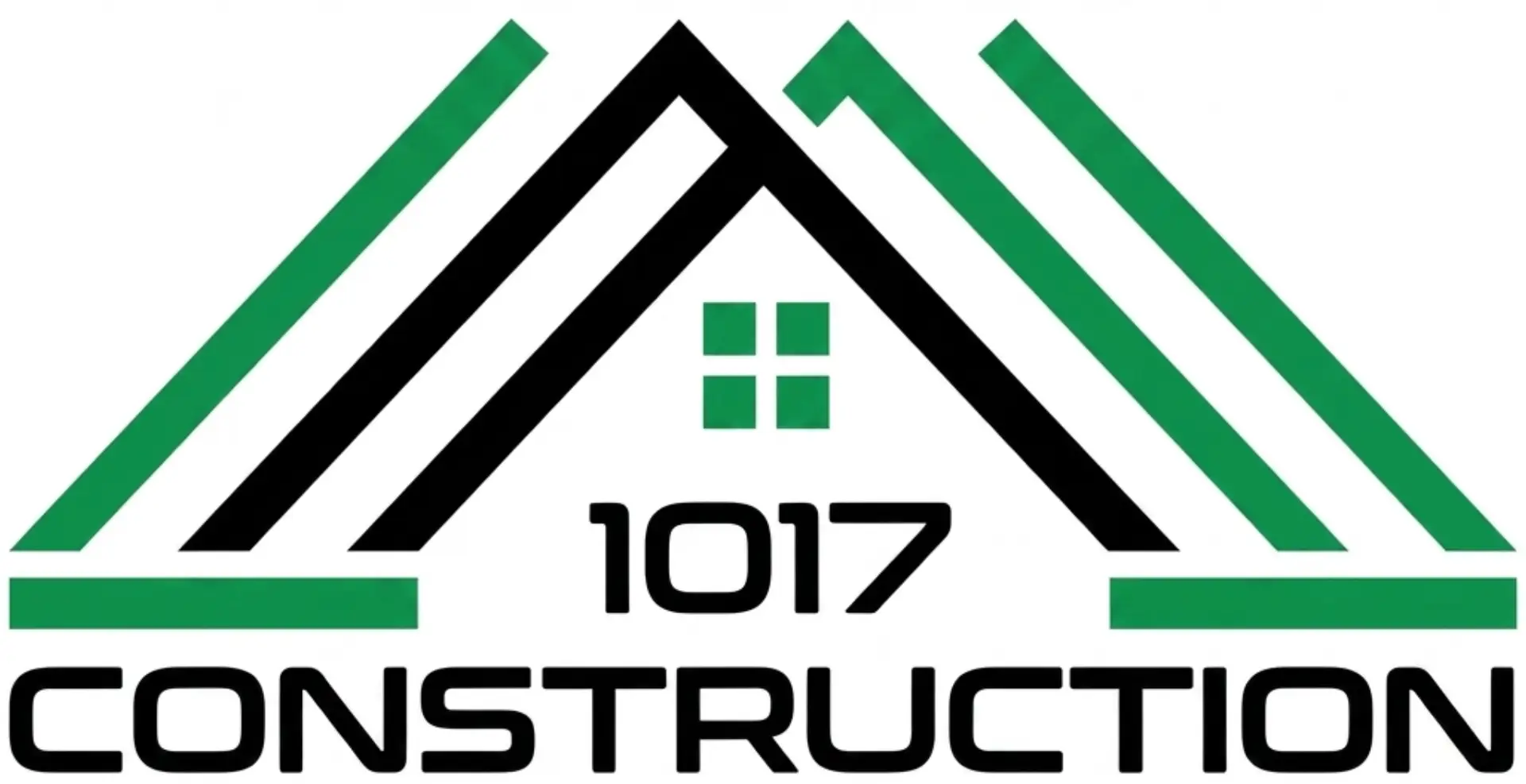 A logo with a black and green triangular roof shape, a small square window below, and the text 1017 CONSTRUCTION beneath the design.
